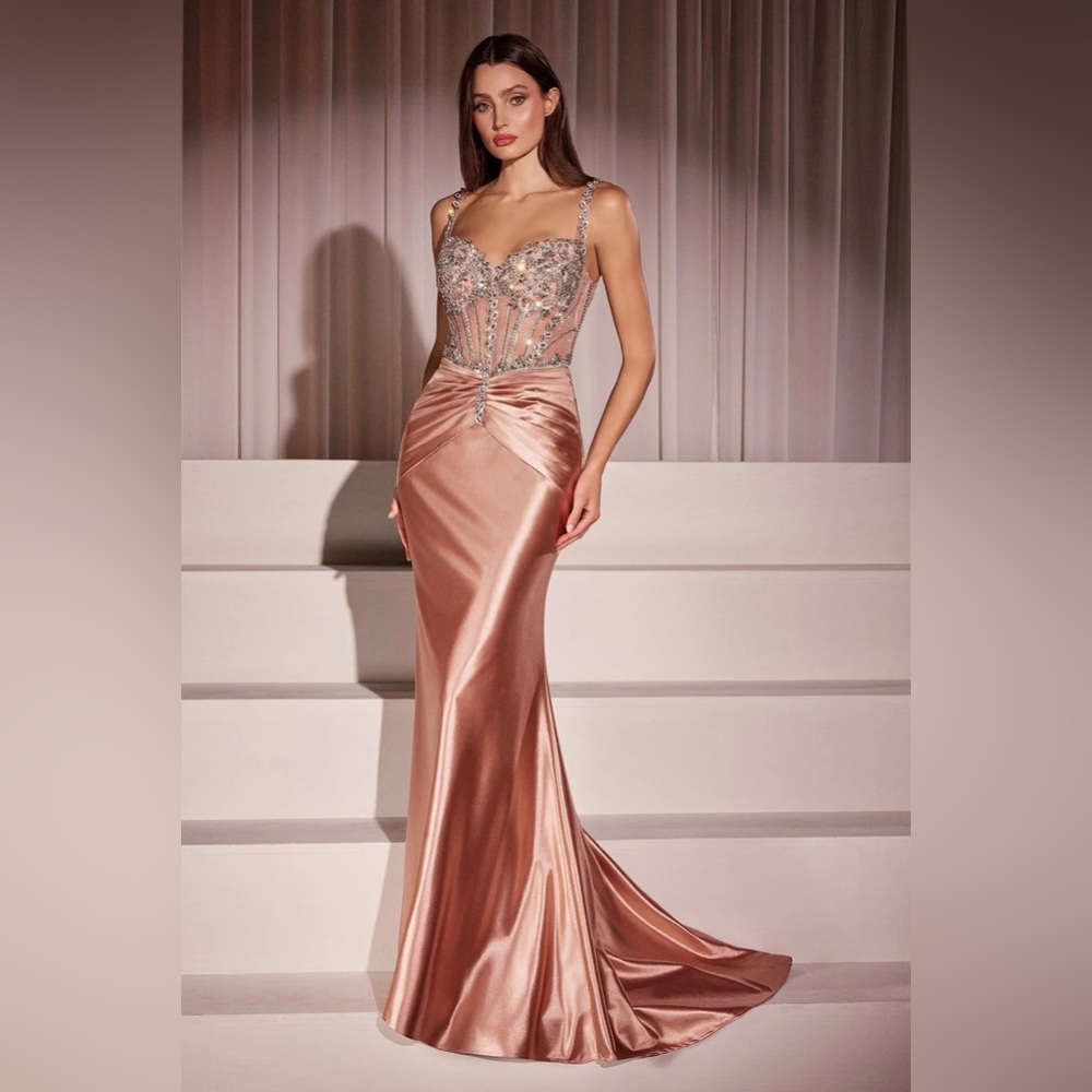 Cinderella Divine Rose Gold Ruched Spaghetti Strap Prom Gown CD757